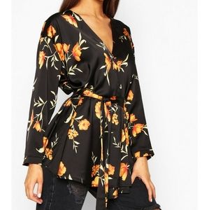 Boohoo Floral Print Wrap Tie Blouse